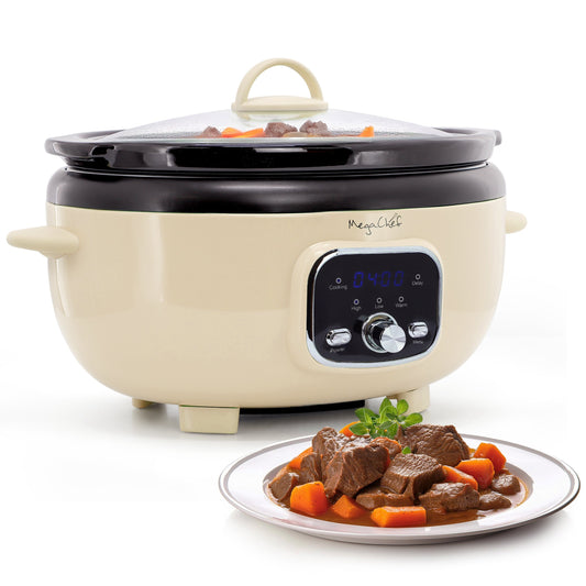 MegaChef 6.9 Quart Oval Electric Digital Slow Cooker in Cream with Black Pot LuxuryLifeWay Online Store