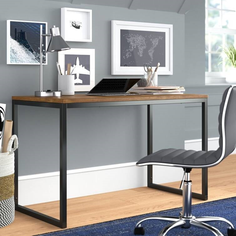 Modern Home Office Desk with Black Metal Frame and Brown Wood Top LuxuryLifeWay Online Store