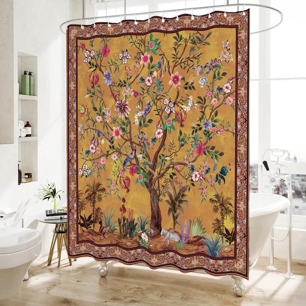 72-inch Brown Red Orange Green Floral Tree Birds Plants Flowers Shower Curtain LuxuryLifeWay Online Store