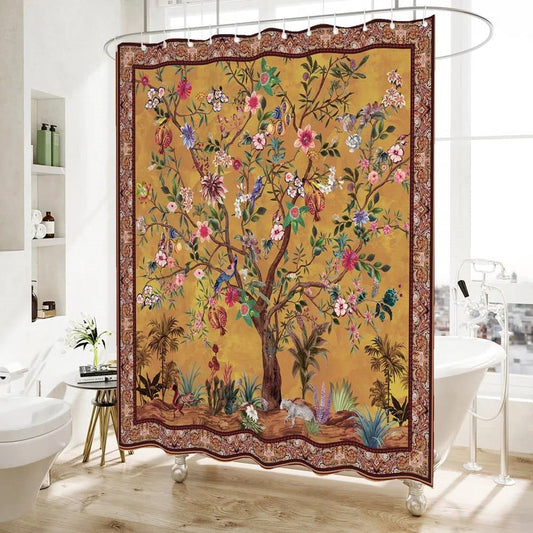 72-inch Brown Red Orange Green Floral Tree Birds Plants Flowers Shower Curtain LuxuryLifeWay Online Store