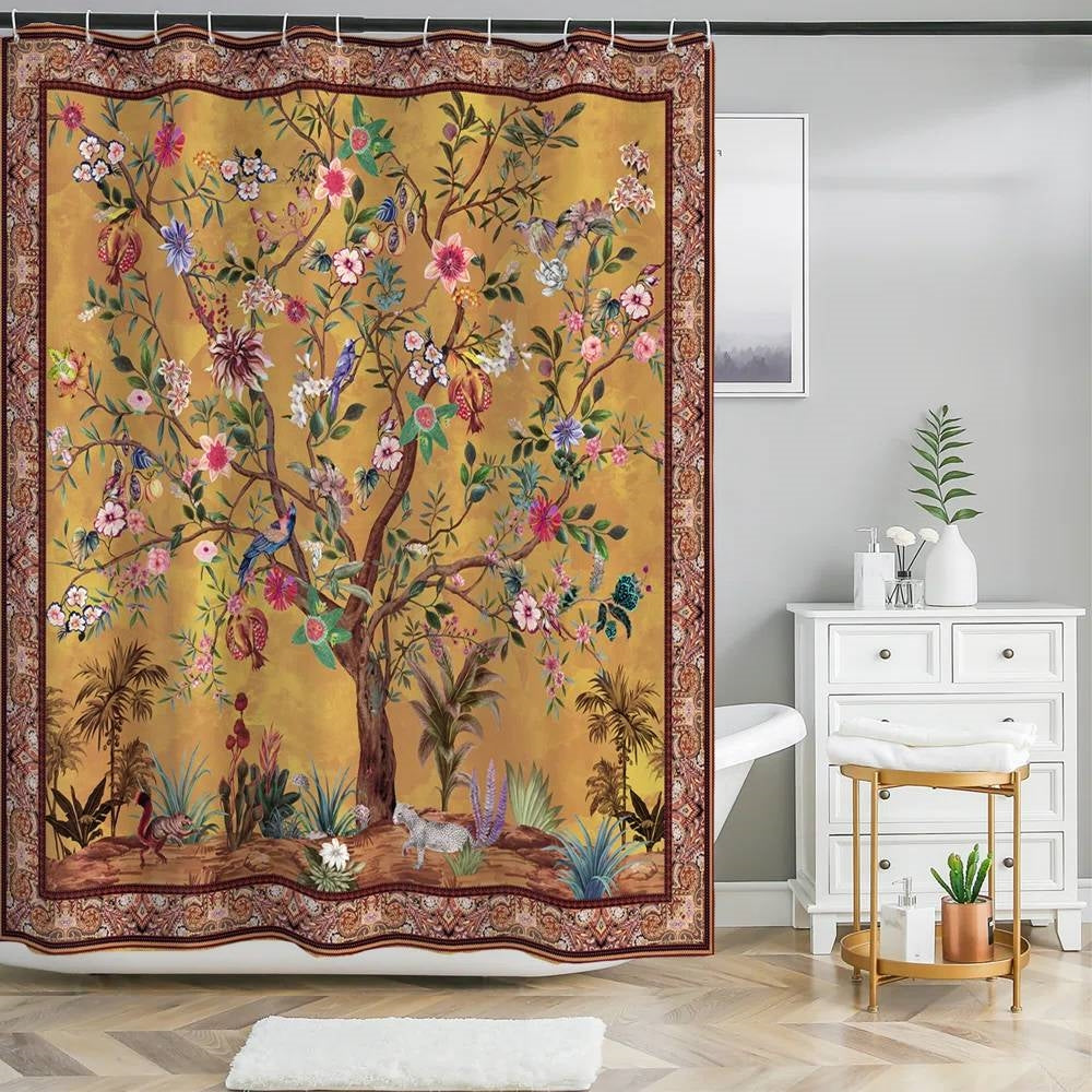 72-inch Brown Red Orange Green Floral Tree Birds Plants Flowers Shower Curtain LuxuryLifeWay Online Store