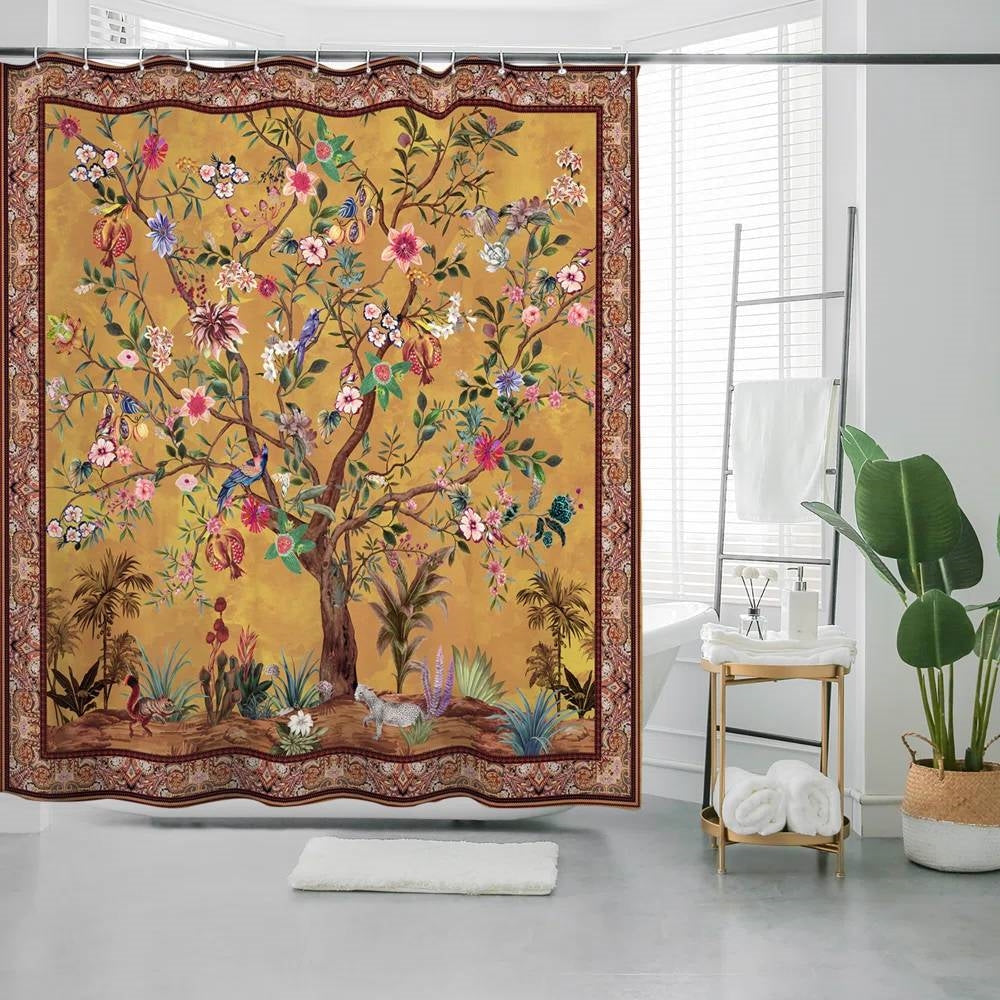 72-inch Brown Red Orange Green Floral Tree Birds Plants Flowers Shower Curtain LuxuryLifeWay Online Store