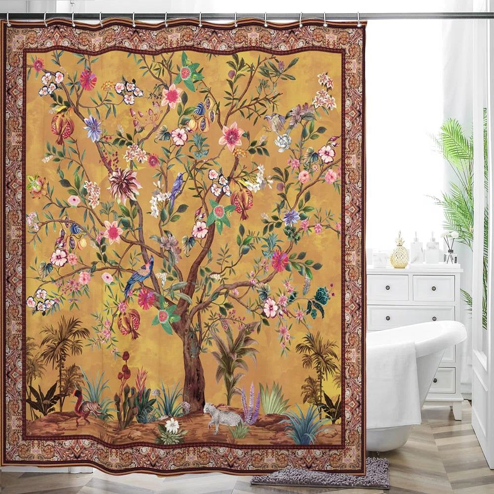72-inch Brown Red Orange Green Floral Tree Birds Plants Flowers Shower Curtain LuxuryLifeWay Online Store