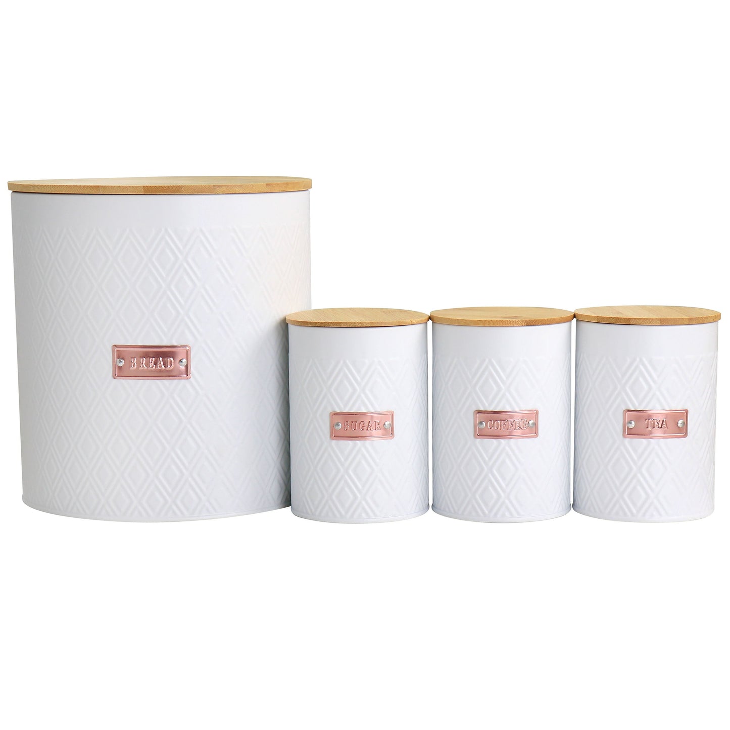 MegaChef Kitchen Food Storage and Organization 4 Piece Argyle Canister Set in White with Bamboo Lids LuxuryLifeWay Online Store