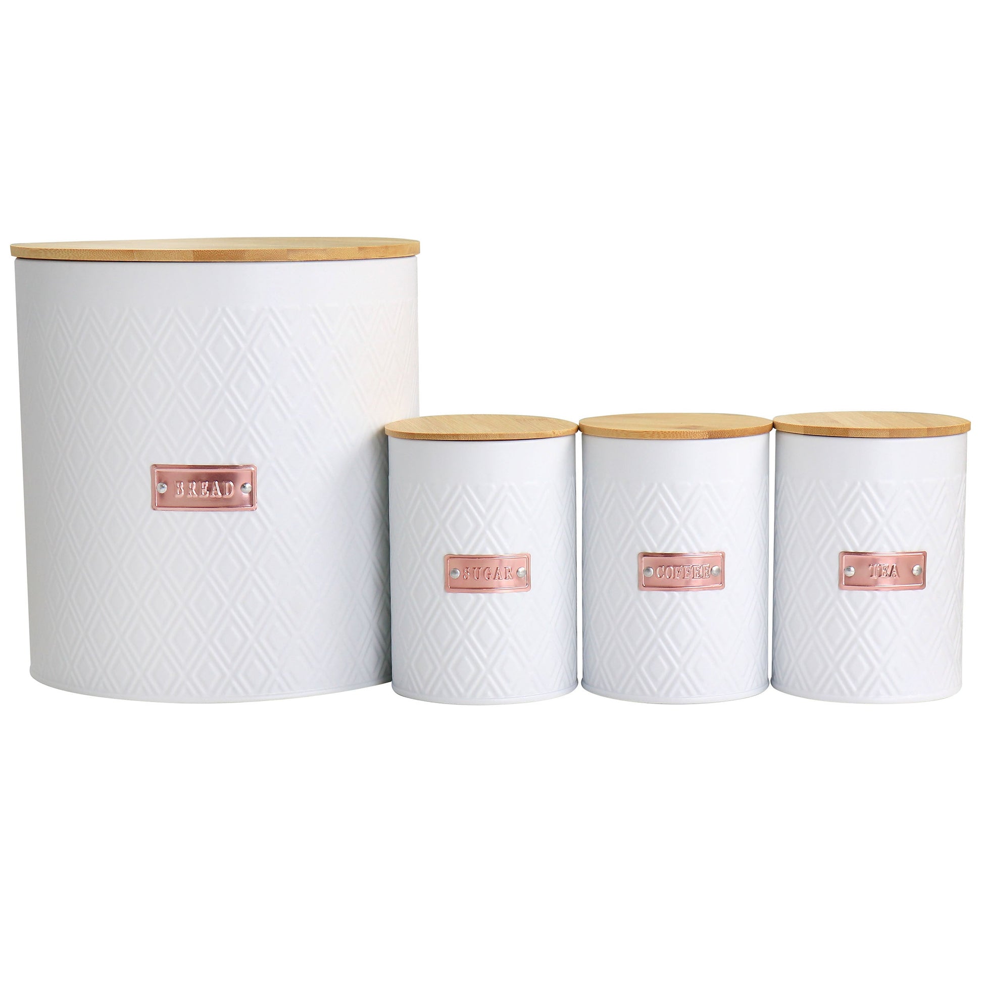 MegaChef Kitchen Food Storage and Organization 4 Piece Argyle Canister Set in White with Bamboo Lids LuxuryLifeWay Online Store