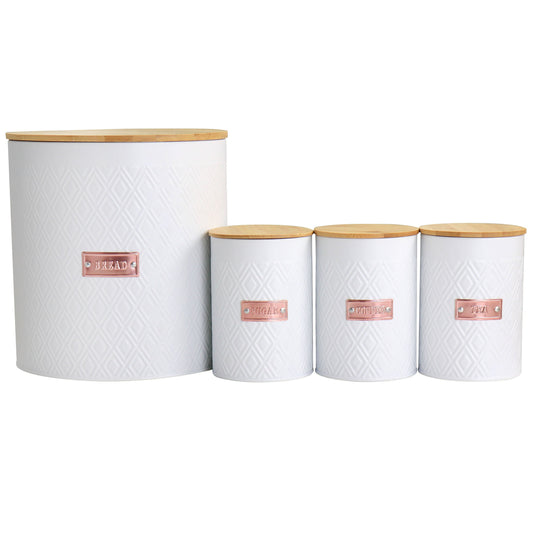 MegaChef Kitchen Food Storage and Organization 4 Piece Argyle Canister Set in White with Bamboo Lids LuxuryLifeWay Online Store