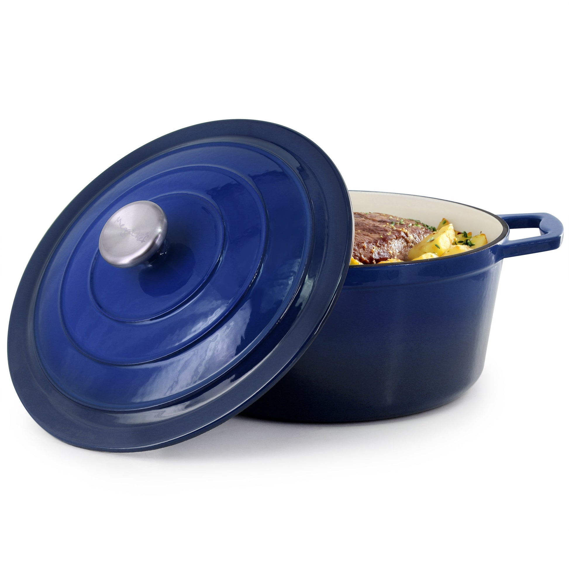 MegaChef 5 Quarts Round Enameled Cast Iron Casserole with Lid in Gradient Dark Blue LuxuryLifeWay Online Store