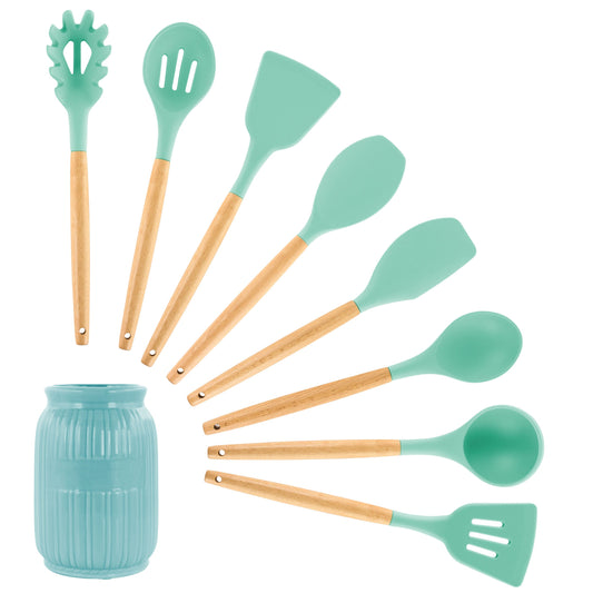 MegaChef Mint Green Silicone and Wood Cooking Utensils, Set of 9 LuxuryLifeWay Online Store