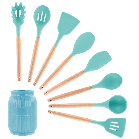 MegaChef Light Teal Silicone and Wood Cooking Utensils, Set of 9 LuxuryLifeWay Online Store