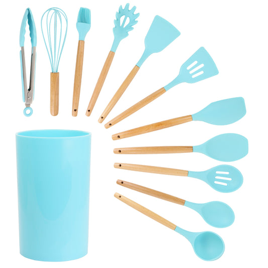 MegaChef Light Teal Silicone and Wood Cooking Utensils, Set of 12 LuxuryLifeWay Online Store
