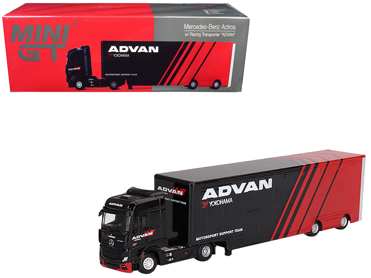 Mercedes-Benz Actros with Racing Transporter Red and Black "ADVAN" 1/64 Diecast Model Car by Mini GT LuxuryLifeWay Online Store