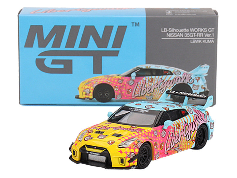 Nissan 35GT-RR Ver.1 "LB-Silhouette Works GT" Light Blue and Yellow with Graphics "LBWK KUMA" Limited Edition 1/64 Diecast Model Car by Mini GT LuxuryLifeWay Online Store