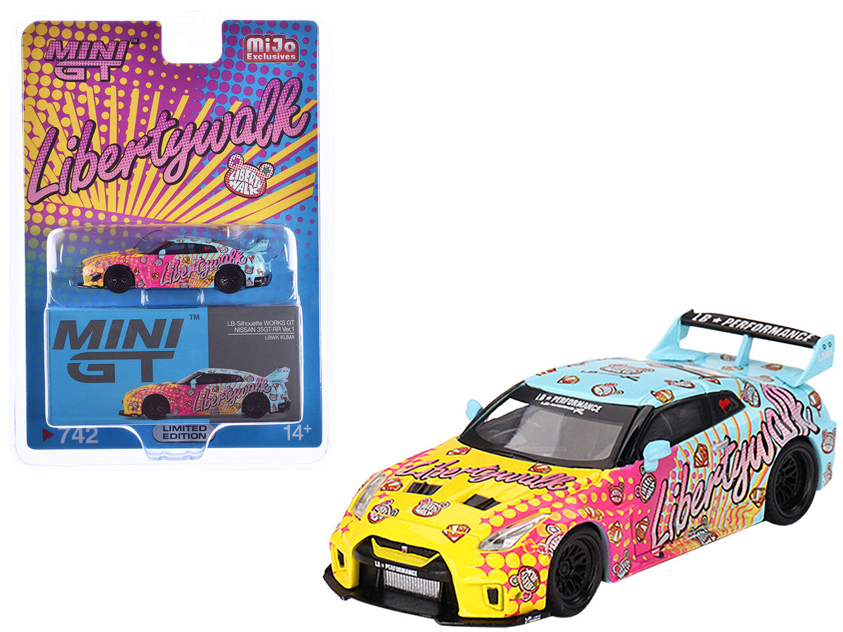 Nissan 35GT-RR Ver.1 "LB-Silhouette Works GT" Light Blue and Yellow with Graphics "LBWK KUMA" Limited Edition 1/64 Diecast Model Car by Mini GT LuxuryLifeWay Online Store