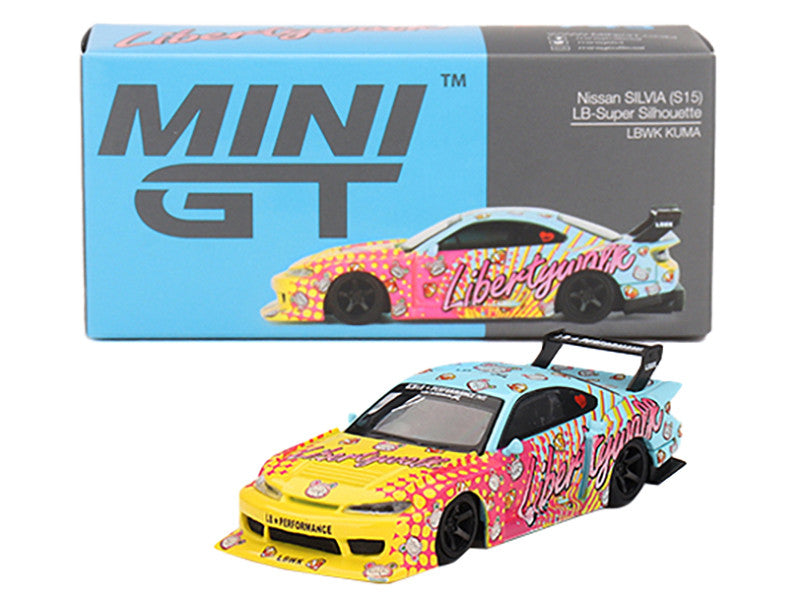 Nissan "LB-Super Silhouette" S15 SILVIA RHD (Right Hand Drive) Yellow and Blue with Pink Graphics "LBWK KUMA" Limited Edition 1/64 Diecast Model Car by Mini GT LuxuryLifeWay Online Store