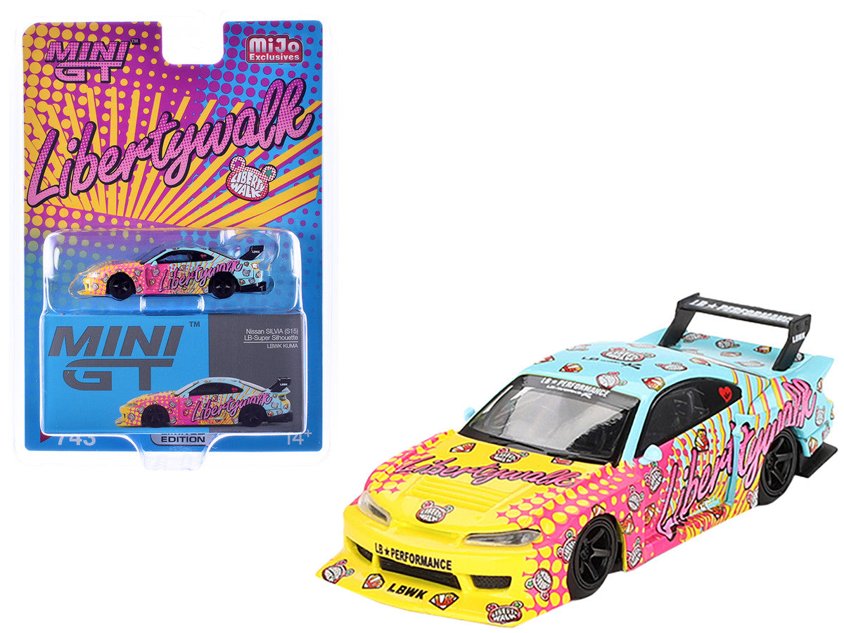 Nissan "LB-Super Silhouette" S15 SILVIA RHD (Right Hand Drive) Yellow and Blue with Pink Graphics "LBWK KUMA" Limited Edition 1/64 Diecast Model Car by Mini GT LuxuryLifeWay Online Store