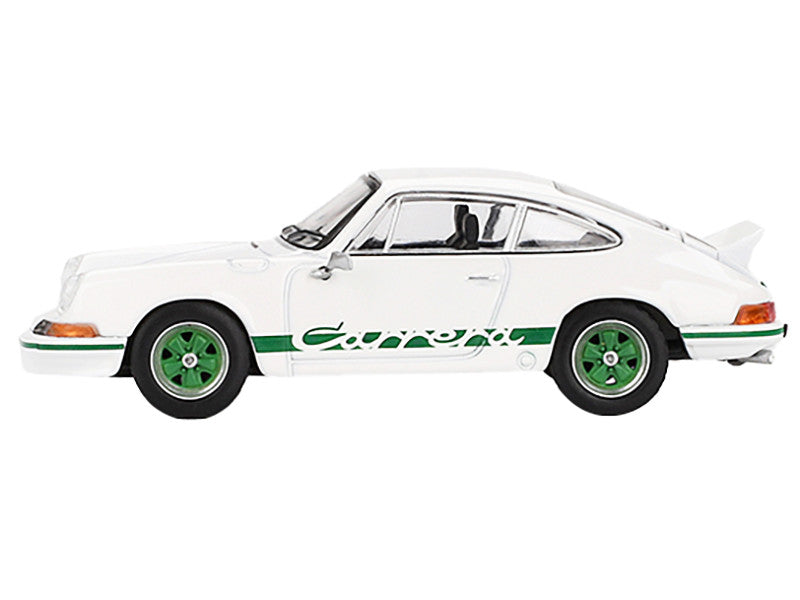 Porsche 911 Carrera RS 2.7 Grand Prix White with Green Stripes and Wheels Limited Edition 1/64 Diecast Model Car by Mini GT LuxuryLifeWay Online Store