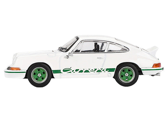 Porsche 911 Carrera RS 2.7 Grand Prix White with Green Stripes and Wheels Limited Edition 1/64 Diecast Model Car by Mini GT LuxuryLifeWay Online Store