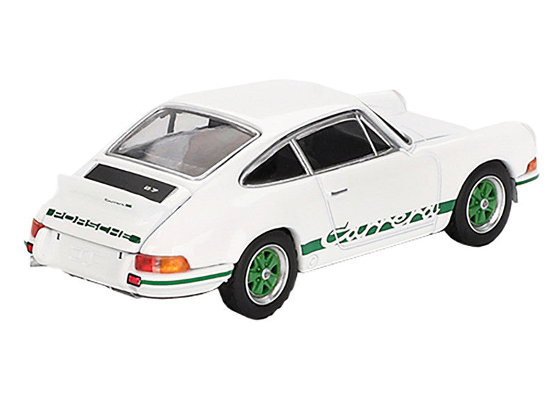 Porsche 911 Carrera RS 2.7 Grand Prix White with Green Stripes and Wheels Limited Edition 1/64 Diecast Model Car by Mini GT LuxuryLifeWay Online Store