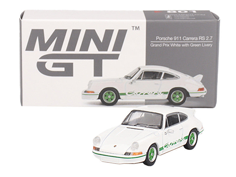 Porsche 911 Carrera RS 2.7 Grand Prix White with Green Stripes and Wheels Limited Edition 1/64 Diecast Model Car by Mini GT LuxuryLifeWay Online Store