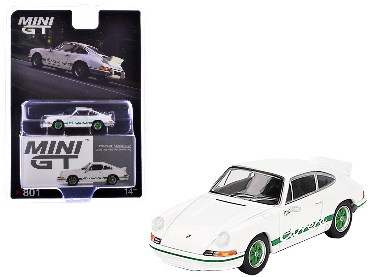 Porsche 911 Carrera RS 2.7 Grand Prix White with Green Stripes and Wheels Limited Edition 1/64 Diecast Model Car by Mini GT LuxuryLifeWay Online Store