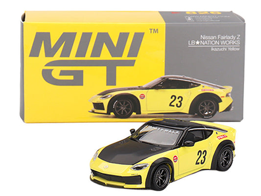 Nissan Z "LB-Nation Works" #23 Ikazuchi Yellow with Black Hood and Top Limited Edition 1/64 Diecast Model Car by Mini GT LuxuryLifeWay Online Store