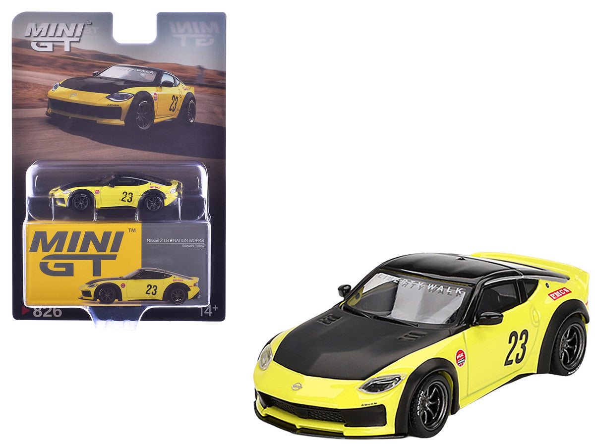 Nissan Z "LB-Nation Works" #23 Ikazuchi Yellow with Black Hood and Top Limited Edition 1/64 Diecast Model Car by Mini GT LuxuryLifeWay Online Store