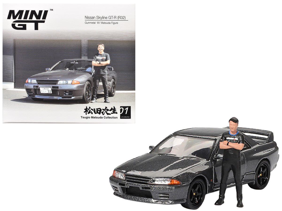 Nissan Skyline GT-R (R32) RHD (Right Hand Drive) Gunmetal Gray Metallic with Tsugio Matsuda Figure Limited Edition 1/64 Diecast Model Car by Mini GT LuxuryLifeWay Online Store