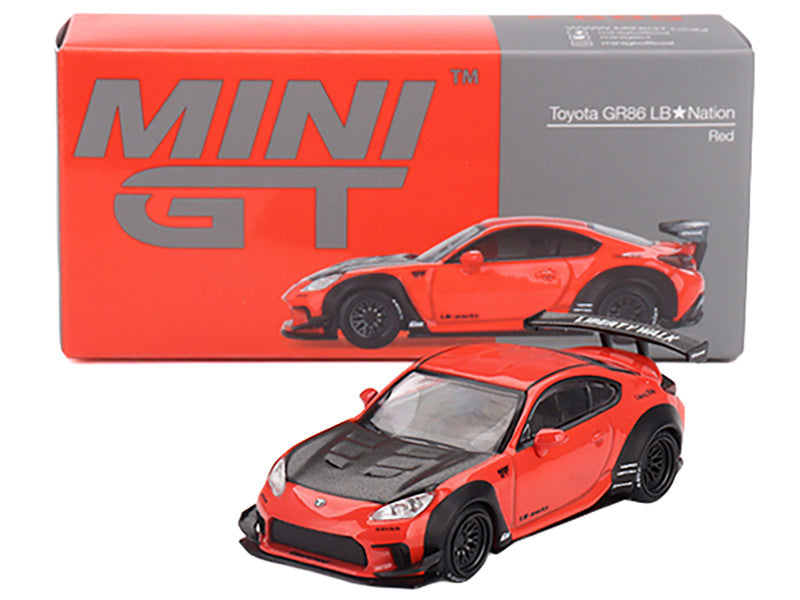 Toyota GR86 "LB-Nation - Liberty Walk" Red with Carbon Hood Limited Edition 1/64 Diecast Model Car by Mini GT LuxuryLifeWay Online Store