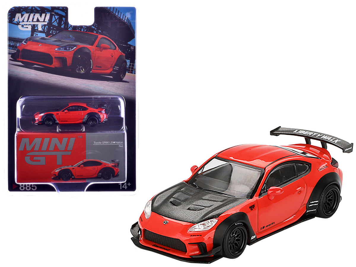 Toyota GR86 "LB-Nation - Liberty Walk" Red with Carbon Hood Limited Edition 1/64 Diecast Model Car by Mini GT LuxuryLifeWay Online Store