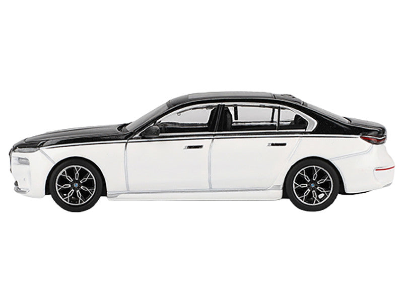 BMW i7 xDrive60 Dravit Alpine White and Black Sapphire Limited Edition 1/64 Diecast Model Car by Mini GT LuxuryLifeWay Online Store