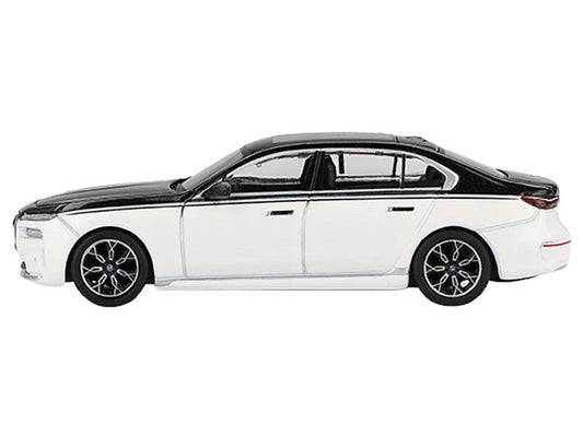 BMW i7 xDrive60 Dravit Alpine White and Black Sapphire Limited Edition 1/64 Diecast Model Car by Mini GT LuxuryLifeWay Online Store