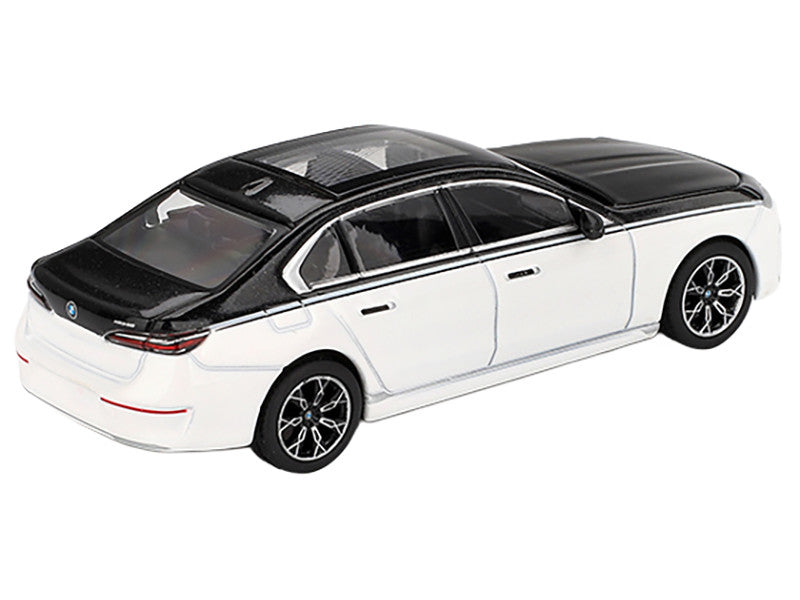 BMW i7 xDrive60 Dravit Alpine White and Black Sapphire Limited Edition 1/64 Diecast Model Car by Mini GT LuxuryLifeWay Online Store