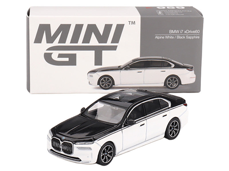 BMW i7 xDrive60 Dravit Alpine White and Black Sapphire Limited Edition 1/64 Diecast Model Car by Mini GT LuxuryLifeWay Online Store