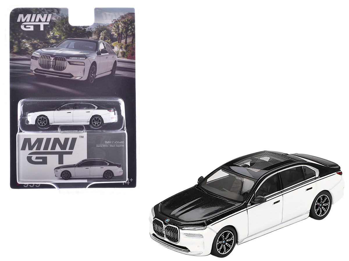 BMW i7 xDrive60 Dravit Alpine White and Black Sapphire Limited Edition 1/64 Diecast Model Car by Mini GT LuxuryLifeWay Online Store