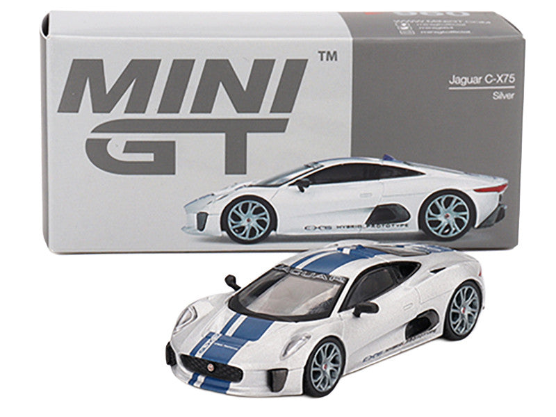 Jaguar C-X75 Silver Metallic with Blue Stripes Limited Edition 1/64 Diecast Model Car by Mini GT LuxuryLifeWay Online Store