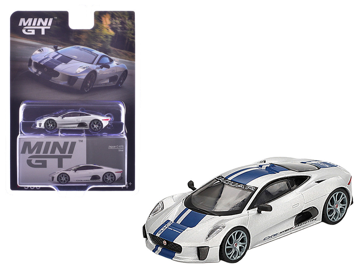 Jaguar C-X75 Silver Metallic with Blue Stripes Limited Edition 1/64 Diecast Model Car by Mini GT LuxuryLifeWay Online Store