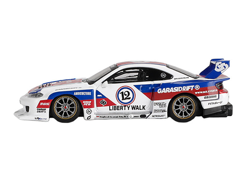 Nissan "LB-Super Silhouette" S15 SILVIA RHD (Right Hand Drive) "GARASIDRIFT x LBWK 2025" White with Blue and Red Stripes Limited Edition 1/64 Diecast Model Car by Mini GT LuxuryLifeWay Online Store