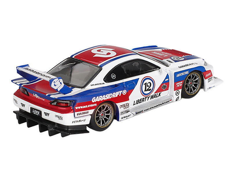 Nissan "LB-Super Silhouette" S15 SILVIA RHD (Right Hand Drive) "GARASIDRIFT x LBWK 2025" White with Blue and Red Stripes Limited Edition 1/64 Diecast Model Car by Mini GT LuxuryLifeWay Online Store