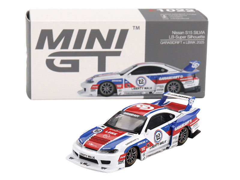Nissan "LB-Super Silhouette" S15 SILVIA RHD (Right Hand Drive) "GARASIDRIFT x LBWK 2025" White with Blue and Red Stripes Limited Edition 1/64 Diecast Model Car by Mini GT LuxuryLifeWay Online Store