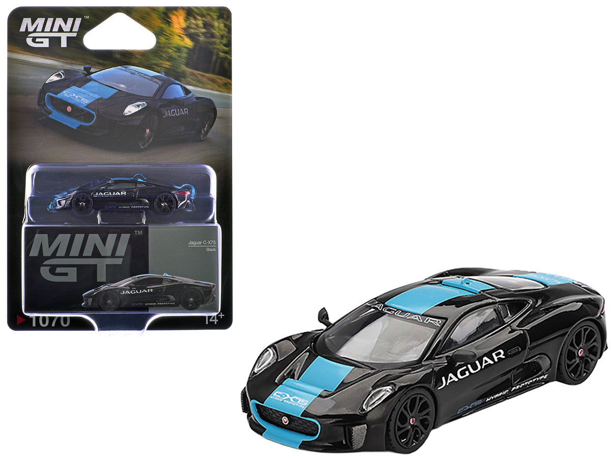 Jaguar C-X75 Black with Light Blue Stripe Limited Edition 1/64 Diecast Model Car by Mini GT LuxuryLifeWay Online Store
