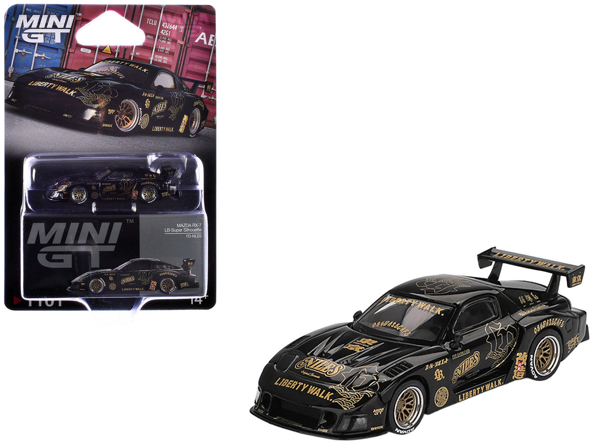 Mazda RX-7 LB-Super Silhouette "FD-NILES" Black with Gold Graphics Limited Edition 1/64 Diecast Model Car by Mini GT LuxuryLifeWay Online Store