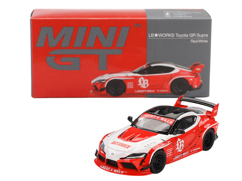 Toyota GR Supra "LB-Works" Red with White Stripes and Black Top Limited Edition 1/64 Diecast Model Car by Mini GT LuxuryLifeWay Online Store