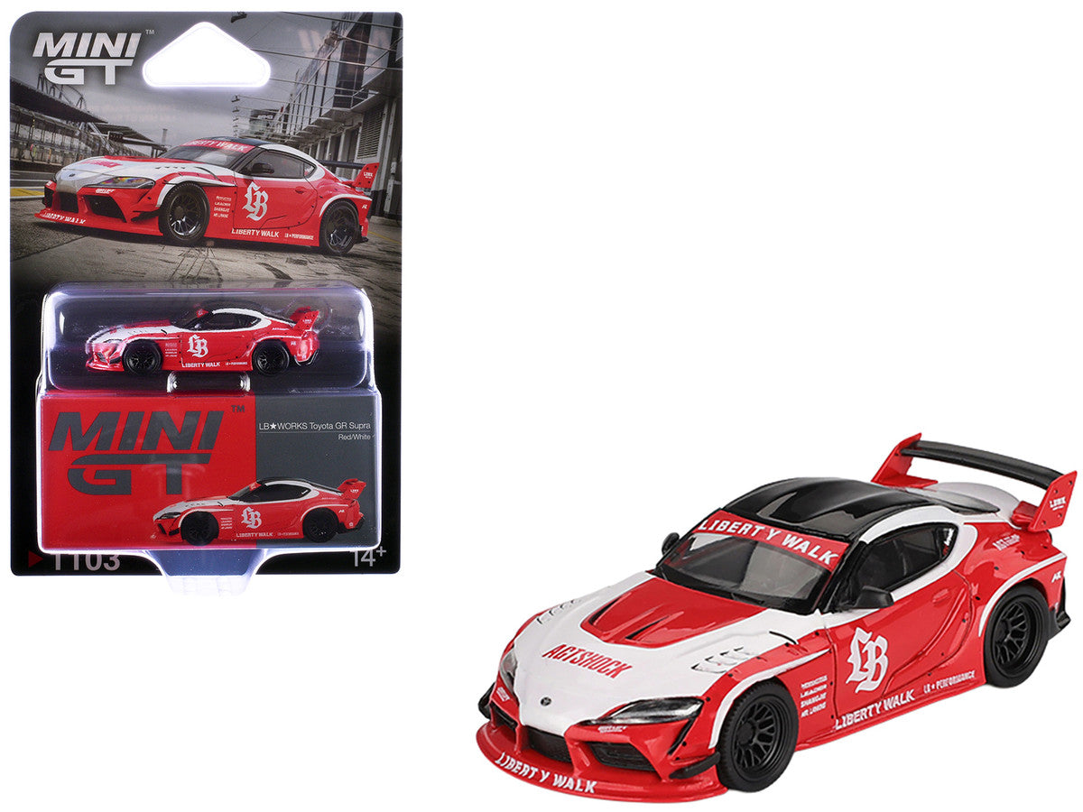 Toyota GR Supra "LB-Works" Red with White Stripes and Black Top Limited Edition 1/64 Diecast Model Car by Mini GT LuxuryLifeWay Online Store