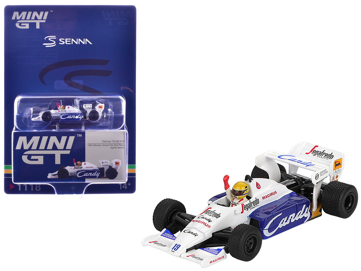 Toleman TG184 #19 Ayrton Senna 2nd Place Formula One F1 "Monaco GP" (1984) with Driver Figure Limited Edition 1/64 Diecast Model Car by Mini GT LuxuryLifeWay Online Store