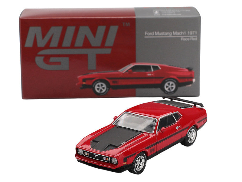 1971 Ford Mustang Mach 1 Race Red with Black Hood and Stripes Limited Edition 1/64 Diecast Model Car by Mini GT LuxuryLifeWay Online Store