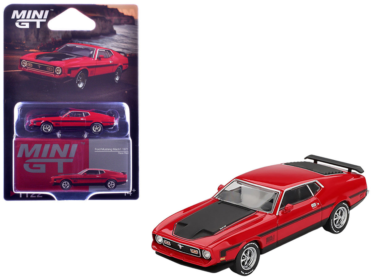 1971 Ford Mustang Mach 1 Race Red with Black Hood and Stripes Limited Edition 1/64 Diecast Model Car by Mini GT LuxuryLifeWay Online Store