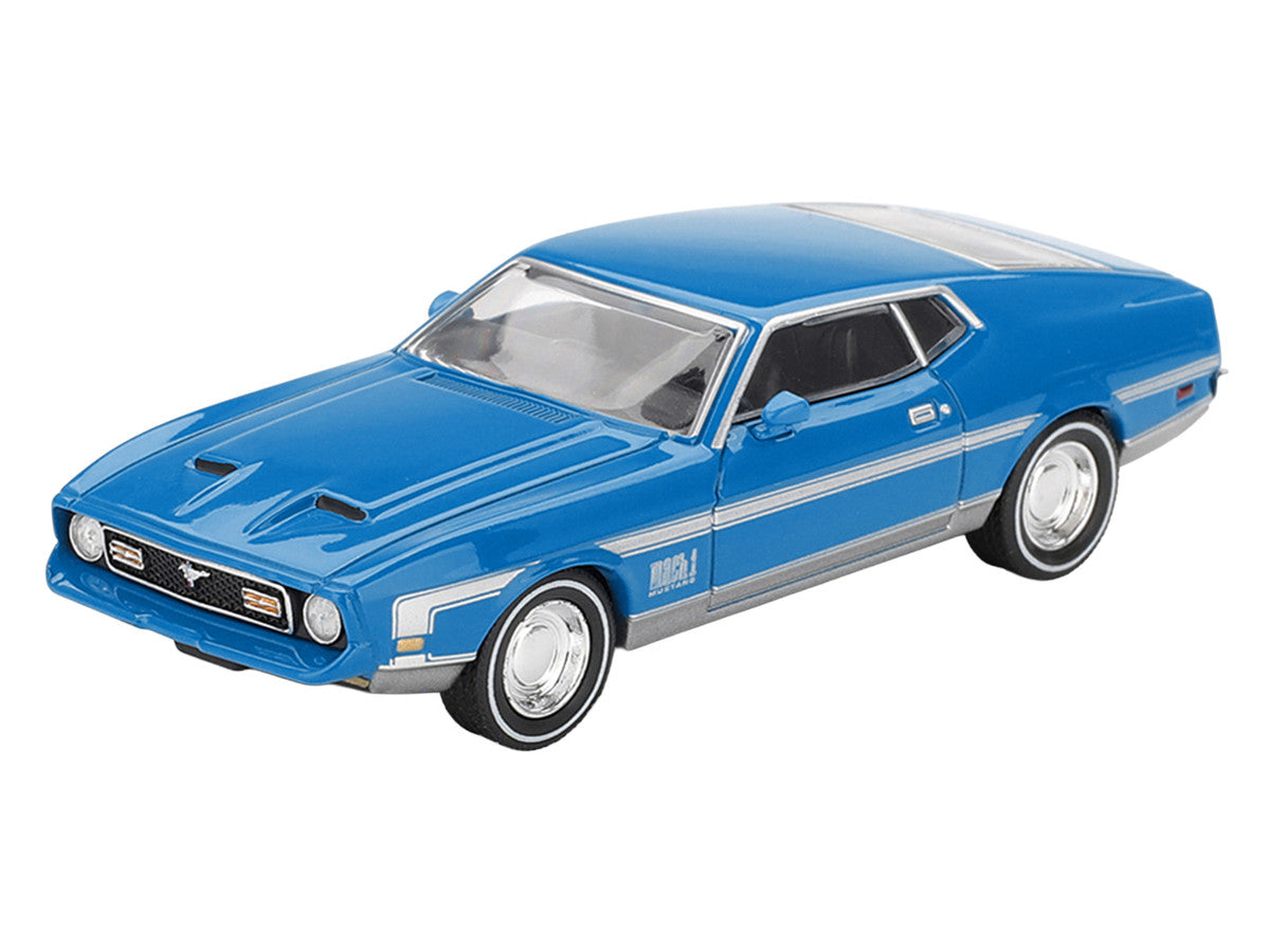 Ford Mustang Mach 1 Grabber Blue with Silver Stripes Limited Edition 1/64 Diecast Model Car by Mini GT LuxuryLifeWay Online Store