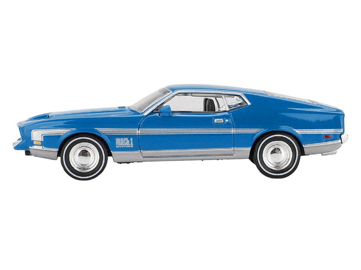 Ford Mustang Mach 1 Grabber Blue with Silver Stripes Limited Edition 1/64 Diecast Model Car by Mini GT LuxuryLifeWay Online Store