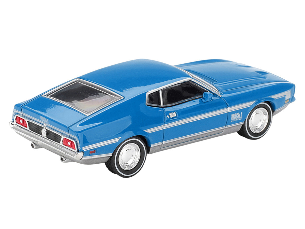 Ford Mustang Mach 1 Grabber Blue with Silver Stripes Limited Edition 1/64 Diecast Model Car by Mini GT LuxuryLifeWay Online Store