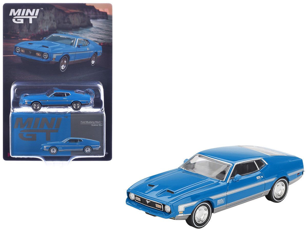 Ford Mustang Mach 1 Grabber Blue with Silver Stripes Limited Edition 1/64 Diecast Model Car by Mini GT LuxuryLifeWay Online Store